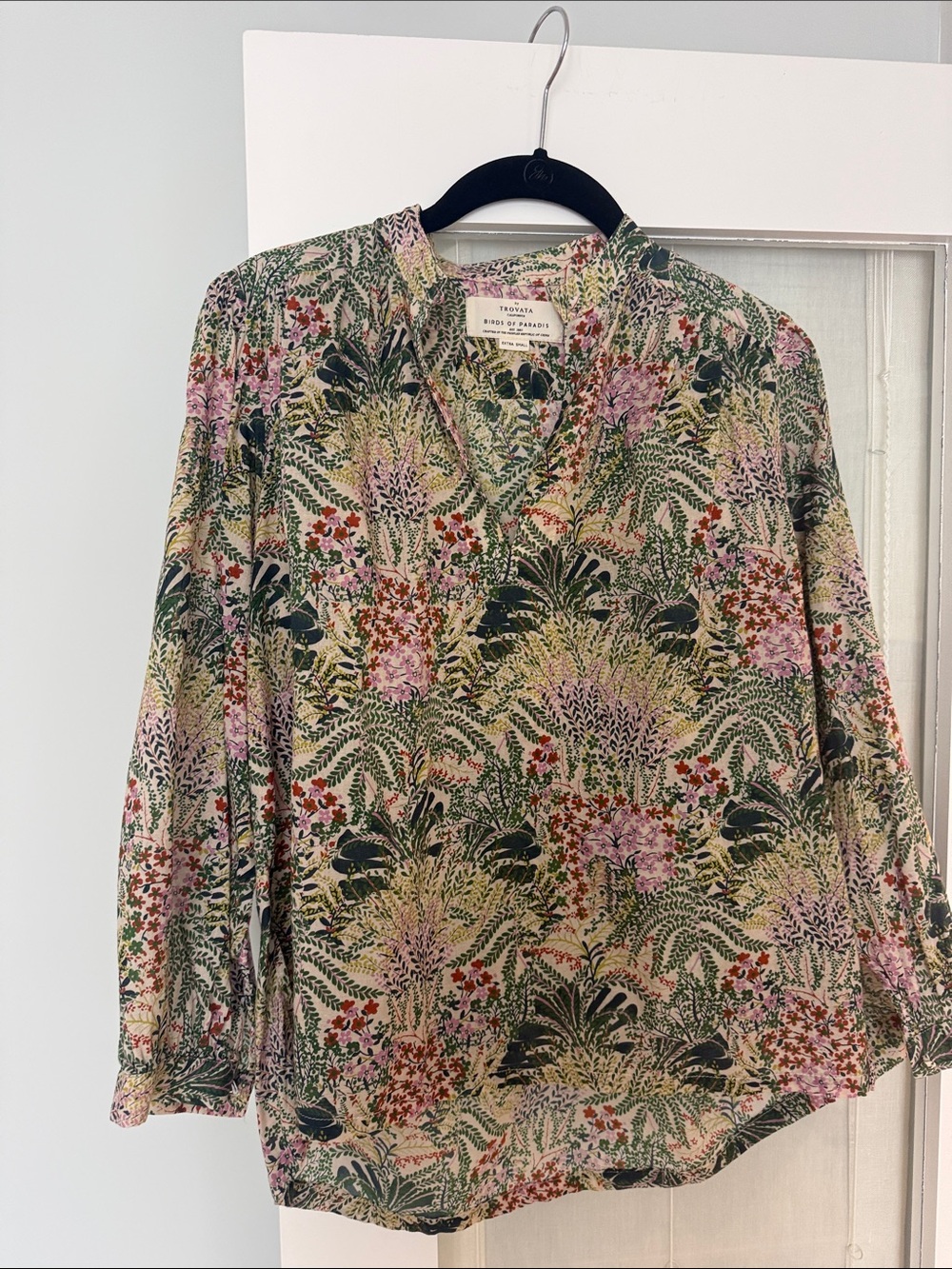Trovata Floral Botanical V-Neck Blouse - Pink, Green, Cream